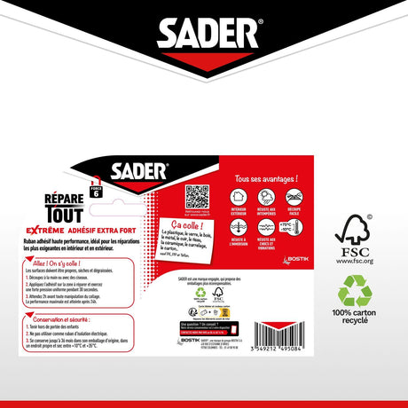 Adhésif extra fort - SADER - Repare tout extreme - Gris - Intérieur & Exterieur - Toutes surfaces - Facile a découper - 20 m x 50 mm