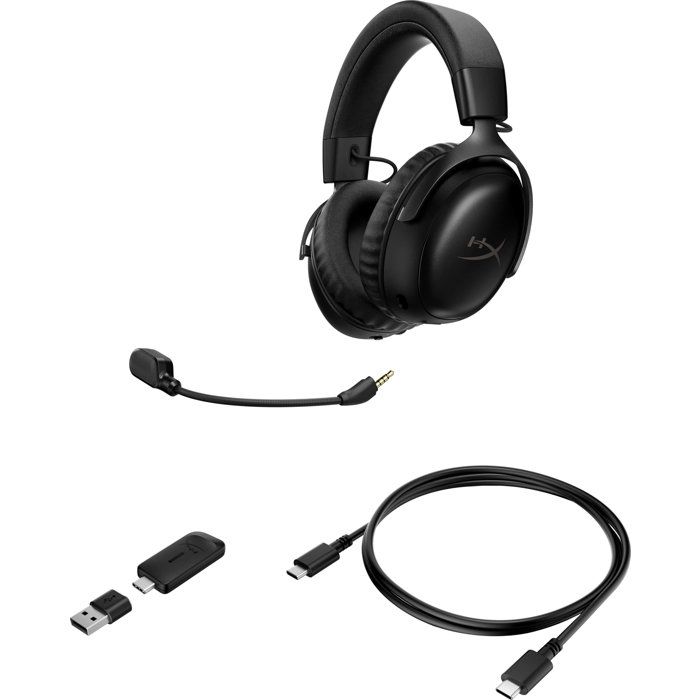 Casque Gamer Sans Fil HyperX Cloud III S Wireless noir pour PC Mac PS5 Mobile Switch.avec adaptateur USB-C vers USB-A, câble USB