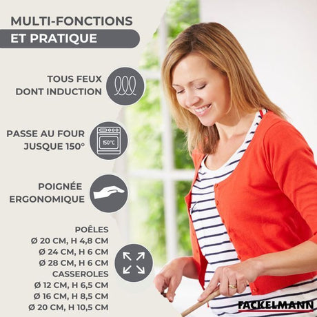 Batterie de cuisine a induction - FACKELMANN - Geneva - Inox 18/8 - 12 pieces - 3 poeles, 3 casseroles et 6 ustensiles