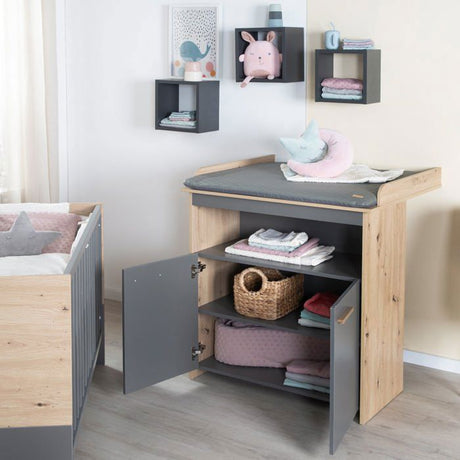 Chambre bébé duo : Lit 60 x 120 cm + commode a langer évolutive - ANNA - ROBA - Chene Kent / Anthracite