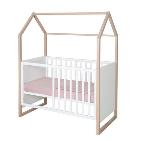 Chambre bébé complete : Lit 60 x 120 cm + commode a langer évolutive + armoire - CABANE - ROBA - Chene / Blanc