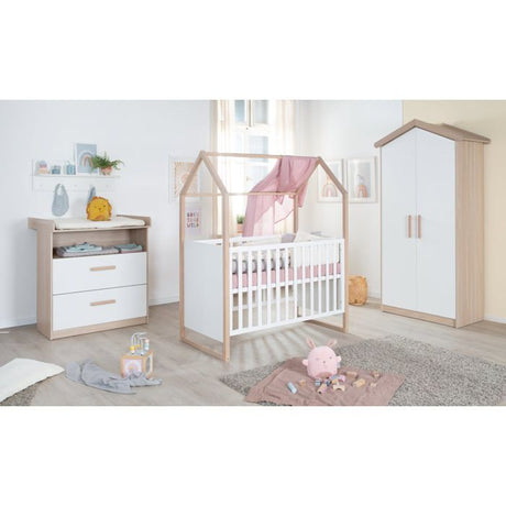 Chambre bébé complete : Lit 60 x 120 cm + commode a langer évolutive + armoire - CABANE - ROBA - Chene / Blanc