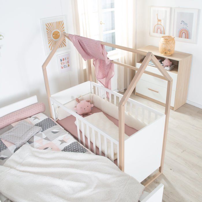 Chambre bébé complete : Lit 60 x 120 cm + commode a langer évolutive + armoire - CABANE - ROBA - Chene / Blanc