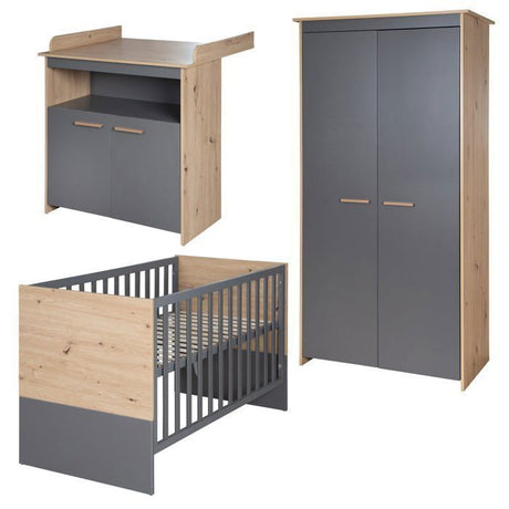 Chambre bébé complete : Lit 60 x 120 cm + commode a langer + armoire - ANNA - ROBA - Chene Kent / Anthracite