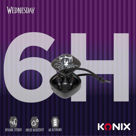 Ecouteurs - San fil - Konix - Mercredi - Smartphones et tablettes - Autonomie 6 h + 22 h boitier - Résistance IPX4 - Noir