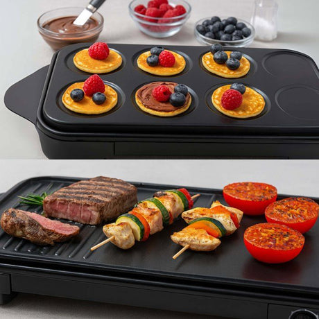 Appareil 2-en-1 crepiere et plancha grill - LIVOO - DOC349N - 1500 W - 8 mini crepes Ř 11,5 cm - Sans PFAS - Noir