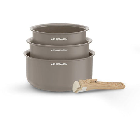 Set de 3 casseroles - Tous feux dont induction - ARTHUR MARTIN - AM1122 - Céramique - Ř 16-18-20 cm + poignée amovible - Taupe