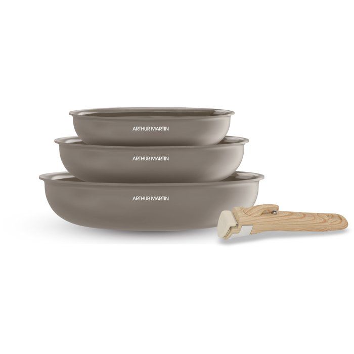 Set de 3 poeles - Tous feux dont induction - ARTHUR MARTIN - AM4587 - Céramique - Ř 20-24-28 cm + poignée amovible - Taupe