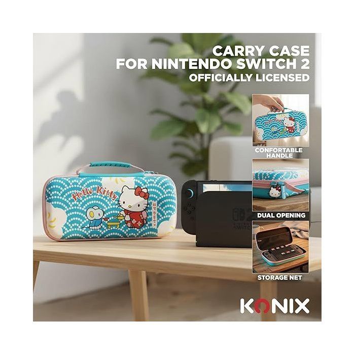 Housse de protection et transport console - Nintendo Switch 2 - Konixt  Hello Kitty - Filet rangement accessoires - Motif thé - Bleu