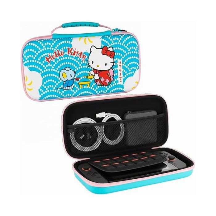 Housse de protection et transport console - Nintendo Switch 2 - Konixt  Hello Kitty - Filet rangement accessoires - Motif thé - Bleu