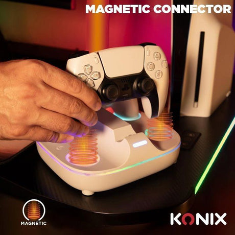 Station de rechargement pour 2 manettes DualSense - PS5 - Konix - Charge rapide - Connecteurs magnétiques - Blanc