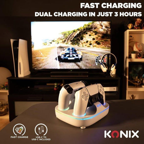 Station de rechargement pour 2 manettes DualSense - PS5 - Konix - Charge rapide - Connecteurs magnétiques - Blanc