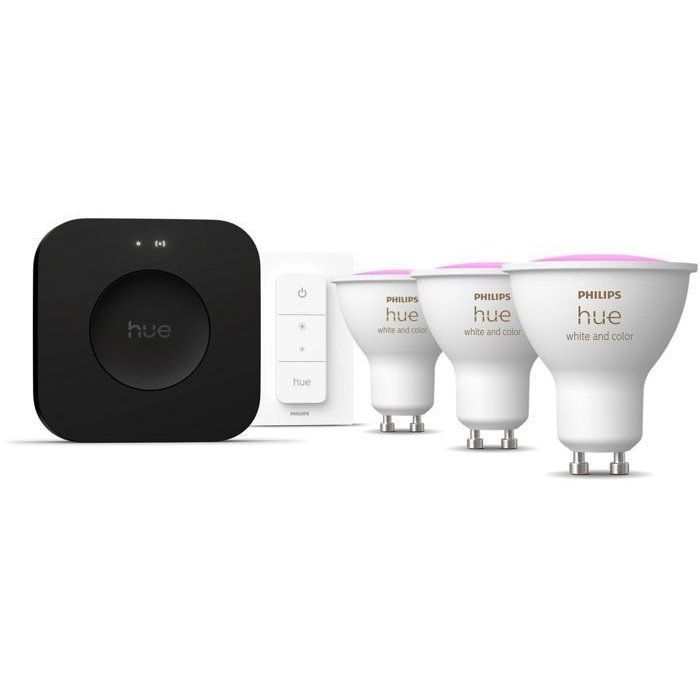 Kit de démarrage - PHILIPS HUE - Lumiere blanche et ambiance colorée - 1 Bridge Pro + 3  3 spots GU10 400 lumens + 1 dimmer switch