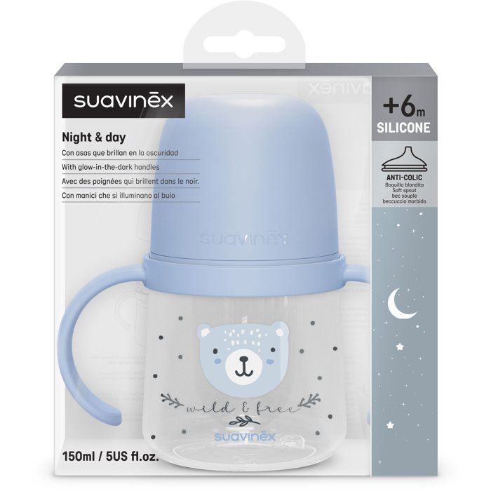 Biberon avec anses - SUAVINEX - NIGHT&DAY WILD&FREE - 150 ml - 6 mois et plus - Bleu