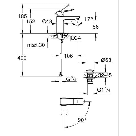 Mitigeur de lavabo - GROHE DICE - Taille S - Cartouche Ch3 & vidage clic-clac - Noir mat