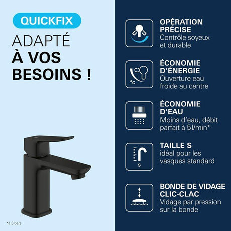 Mitigeur de lavabo - GROHE DICE - Taille S - Cartouche Ch3 & vidage clic-clac - Noir mat