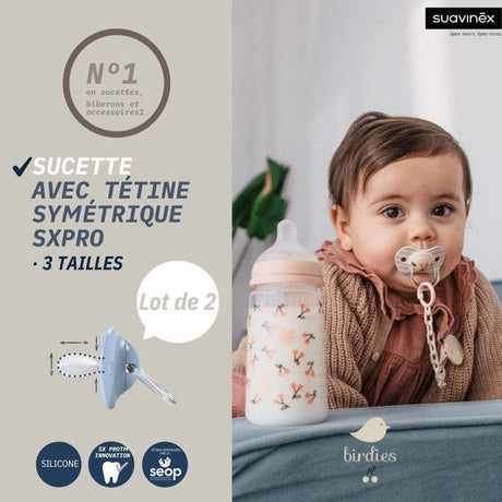 Lot de 2 sucettes symétriques - SUAVINEX - Birdies - SX Pro - 6 a 18 mois - Rose