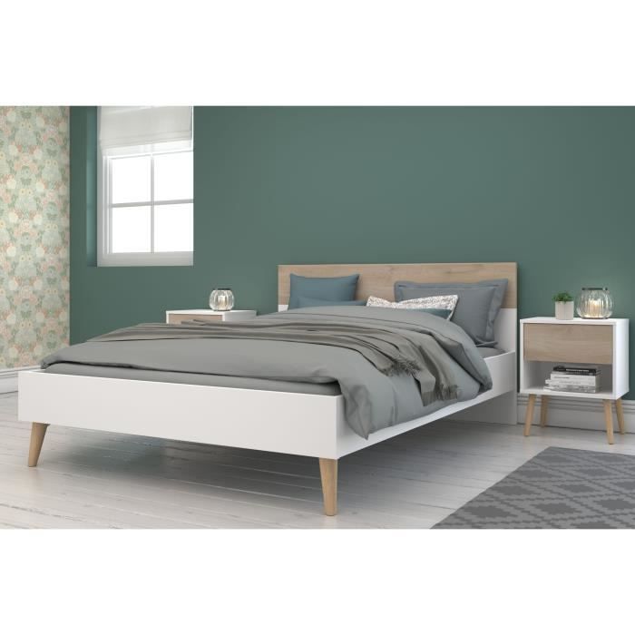 Ensemble Lit 140 x 190 cm + 2 chevets - AALBORG - Scandinave - Blanc / Chene - PARISOT