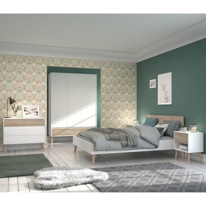 AALBORG Lit adulte 140x190 cm - Style Scandinave - Fabrication Française - Blanc et Chene