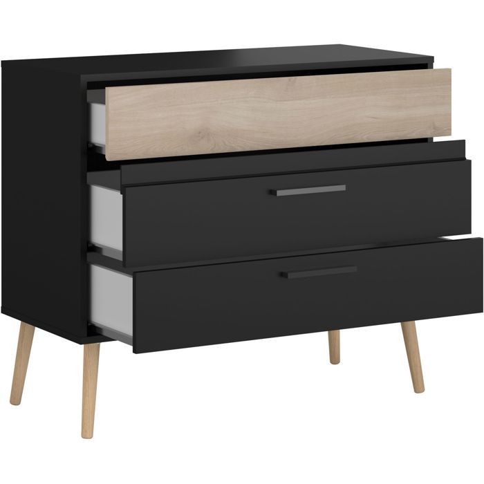 Commode - AALBORG - 3 tiroirs  - Décor Noir et chene - Style Scandinave - L90,8 x P39,9 x H77,5 cm - PARISOT