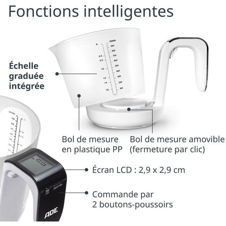 Pichet Gradué/balance - ADE - FRANCA - Verre/Synthétique - 20,7 x 14,6 cm - Inclus 1 pile Cr2032