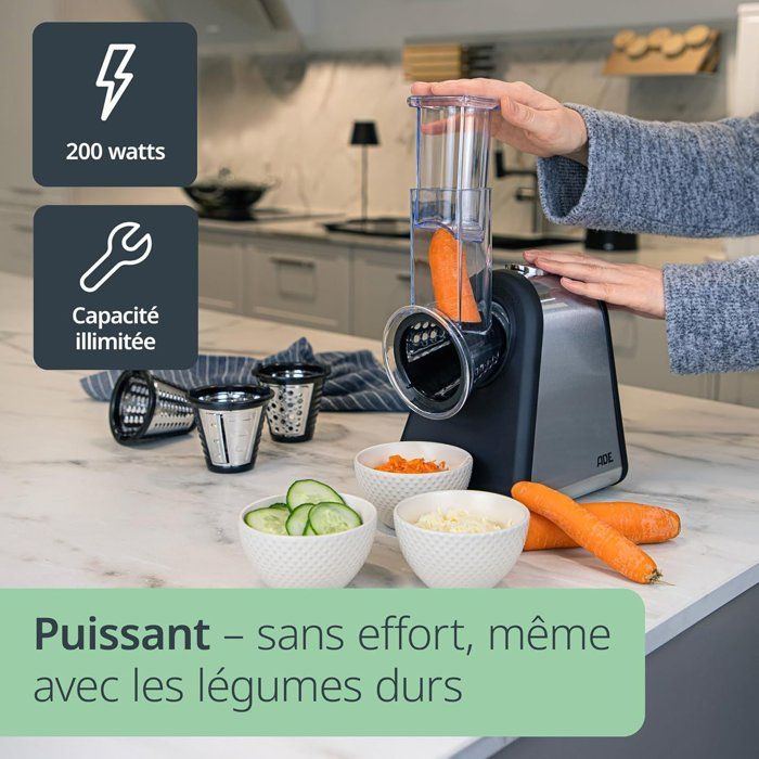 Râpe électrique - ADE - KITCHEN GADGETS - 4 types de Râpes - Acier inoxydable/plastique - 29,2 x 21,3 x 25 cm