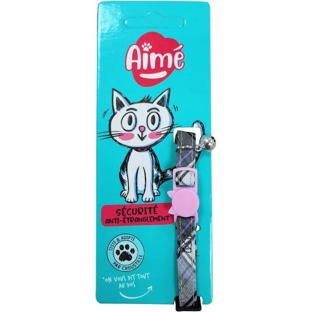 Collier pour chat - AIME - Tartan rose - Jean bleu, fleur caramel, grelot doré