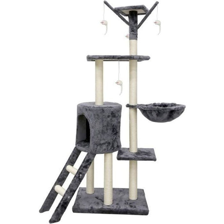 JIPSY Arbre a chat gris 79 x 34 x 138 cm - 3 plateformes, 1 perchoir, 1 niche,  1 escalier, poteaux a griffer