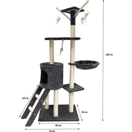 JIPSY Arbre a chat gris foncé  79 x 34 x 138 cm - 3 plateformes, 1 perchoir, 1 niche,  1 escalier, poteaux a griffer