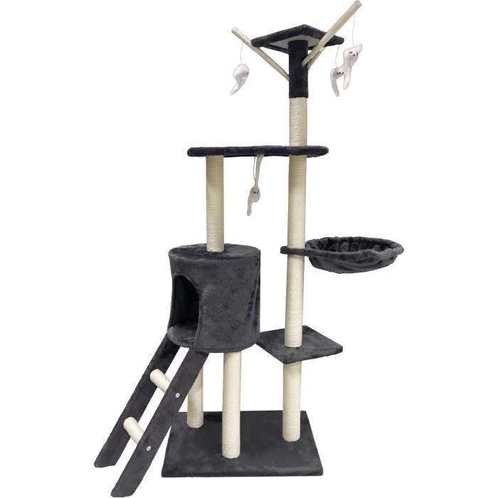 JIPSY Arbre a chat gris foncé  79 x 34 x 138 cm - 3 plateformes, 1 perchoir, 1 niche,  1 escalier, poteaux a griffer