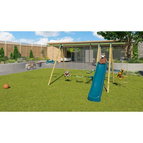 Portique balançoire bois / métal - 5 agres avec toboggan - MAKUTA 2 - ALEO BY TRIGANO
