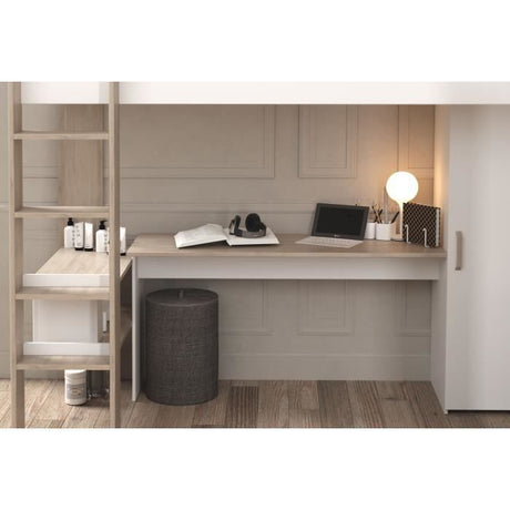 Lit double mezzanine combiné enfant ALEXANDRA avec 2 bureaux et rangements - 2x90x200 cm - Blanc/Chene - Sommiers inclus - PARISOT