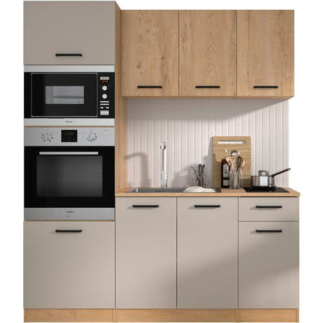 ALPAGA - Cuisine complete - Chene silva / Grege - 180 x 60/31 x 211 cm - Avec colonne four et plan de travail - GAMI