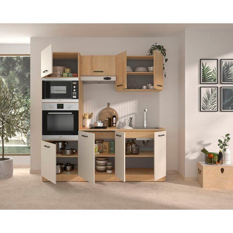 ALPAGA - Cuisine complete - Chene silva / Grege - 200 x 60/31 x 211 cm - Avec colonne four et plan de travail - GAMI