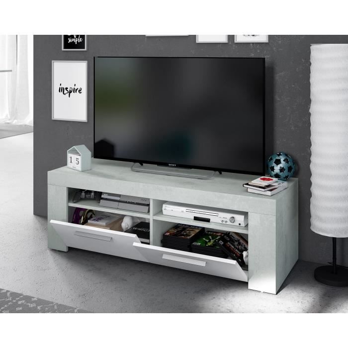 Meuble TV - AMBIT - Effet Béton / Blanc Artik - 2 portes - 2 niches - 120 x 42 x 40 cm