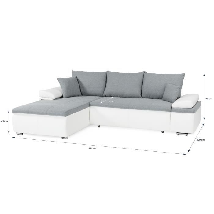 Canapé d'angle réversible convertible 3 places+Coffre - Simili blanc et tissu gris - CELINA - L 274 x P 184 cm - Fabriqué en