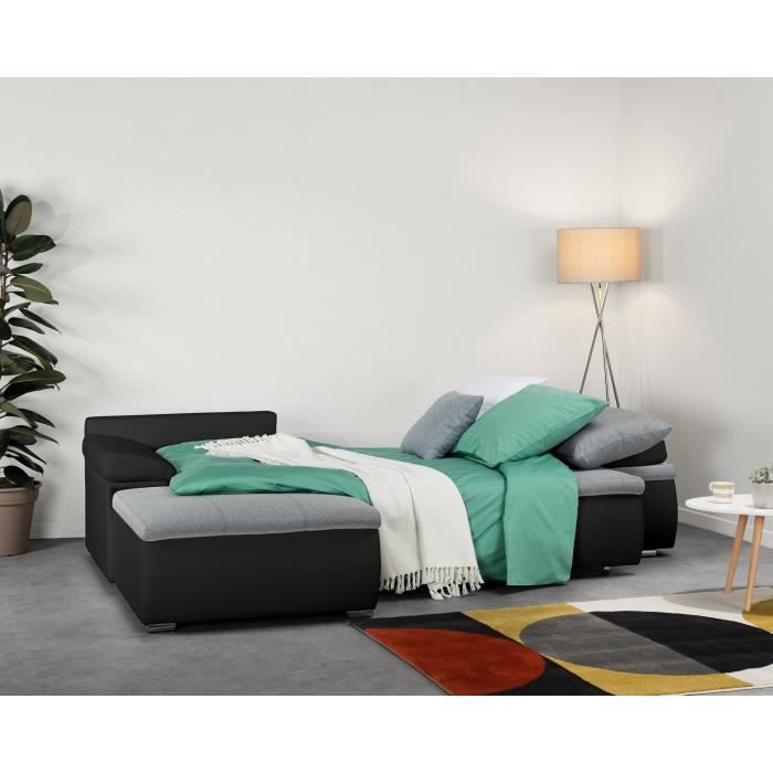 Canapé d'angle réversible convertible 3 places+Coffre - Simili noir et tissu gris - L 274 x P 184 cm - CELINA - Fabriqué en Ukraine
