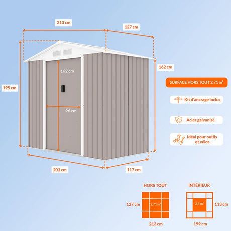 Abri de jardin en métal 2,71 m˛  - 213 x 127 x 195 cm - PLUTON - Kit d'ancrage inclus, 2 portes coulissantes - Taupe