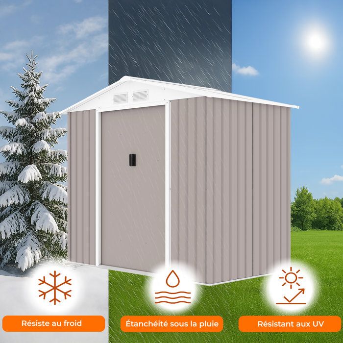 Abri de jardin en métal 2,71 m˛  - 213 x 127 x 195 cm - PLUTON - Kit d'ancrage inclus, 2 portes coulissantes - Taupe