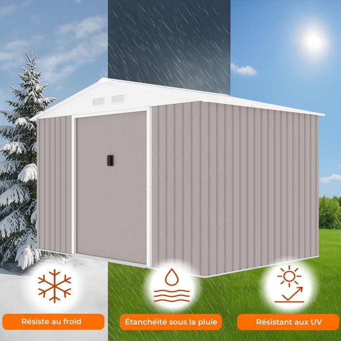 Abri de jardin en métal 	5,29 m˛ - 277 x 191 x 202 cm - VENUS Kit d'ancrage inclus, 2 portes coulissantes, 1 fenetre latérale Taupe