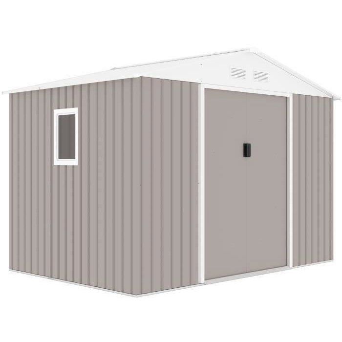 Abri de jardin en métal 	5,29 m˛ - 277 x 191 x 202 cm - VENUS Kit d'ancrage inclus, 2 portes coulissantes, 1 fenetre latérale Taupe