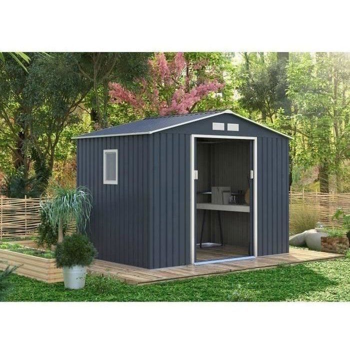 Abri de jardin en métal 	5,29 m˛ - 277 x 191 x 202 cm - VENUS Kit d'ancrage inclus, 2 portes coulissantes, 1 fenetre latérale Gris