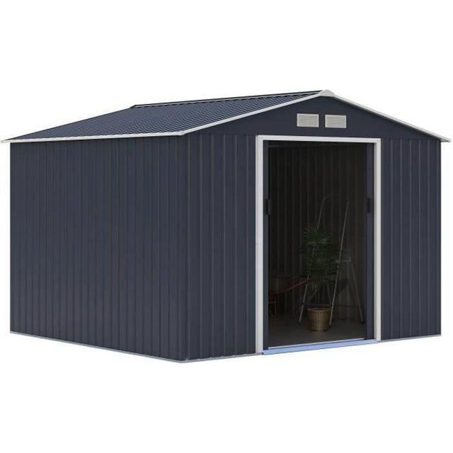 Abri de jardin en métal 7,06 m˛ - 277 x 255 x 202 cm - MERCURE - Kit d'ancrage inclus, 2 portes coulissantes - Gris