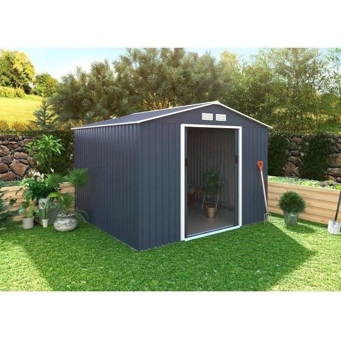 Abri de jardin en métal 7,06 m˛ - 277 x 255 x 202 cm - MERCURE - Kit d'ancrage inclus, 2 portes coulissantes - Gris