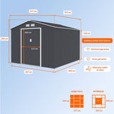 Abri de jardin en métal 8,84 m˛ - 277 x 319 x 202 cm - URANUS - Kit d'ancrage inclus, 2 portes coulissantes - Gris