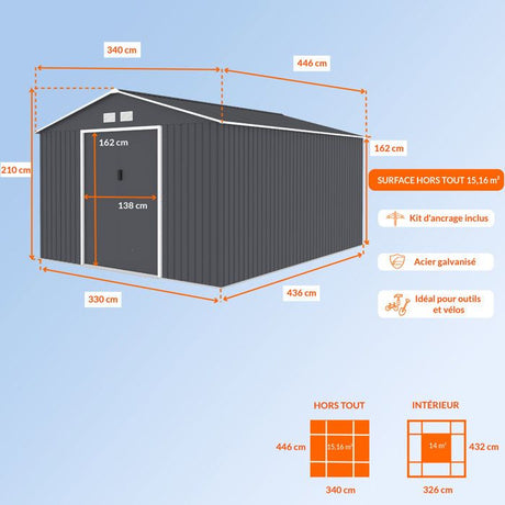 Abri de jardin en métal 15,16 m˛ - 340 x 446 x 210 - SATURNE - Kit d'ancrage inclus, 2 portes coulissantes - Gris