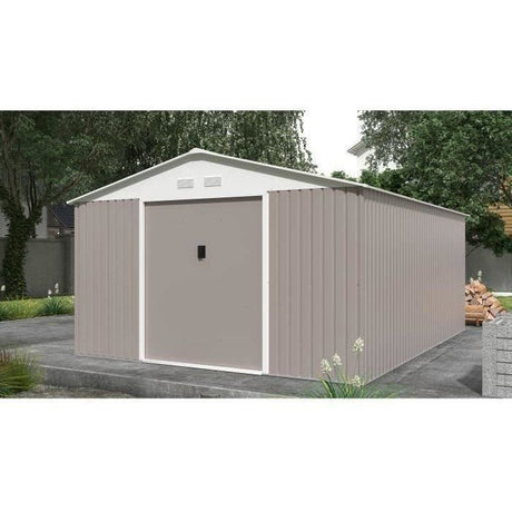 Abri de jardin en métal 15,16 m˛ - 340 x 446 x 210 - SATURNE - Kit d'ancrage inclus, 2 portes coulissantes - Taupe