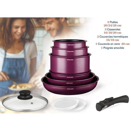 Batterie de cuisine - Tous feux dont induction - ARTHUR MARTIN - AM2991 - Aluminium revetement anti-adhésif - 10 pieces - Prune