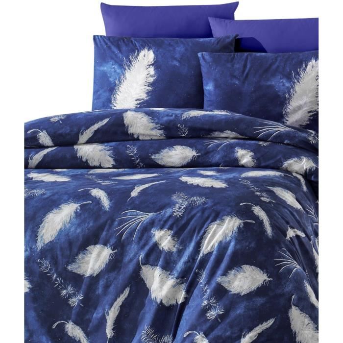 Parure de lit - 1 housse de couette 220 x 240 cm + 2 taies d'oreiller 60 x 60 cm - 100% coton renforcé - Bleu