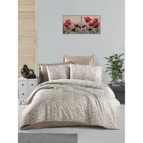 Parure de lit - 1 housse de couette 220 x 240 cm + 2 taies d'oreiller 60 x 60 cm - Satiné 100% coton - Cappuccino